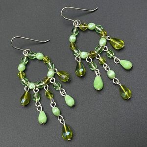 Silver with Emerald and Mint Green Crystal Beaded Dangling Drop Hook Earrings